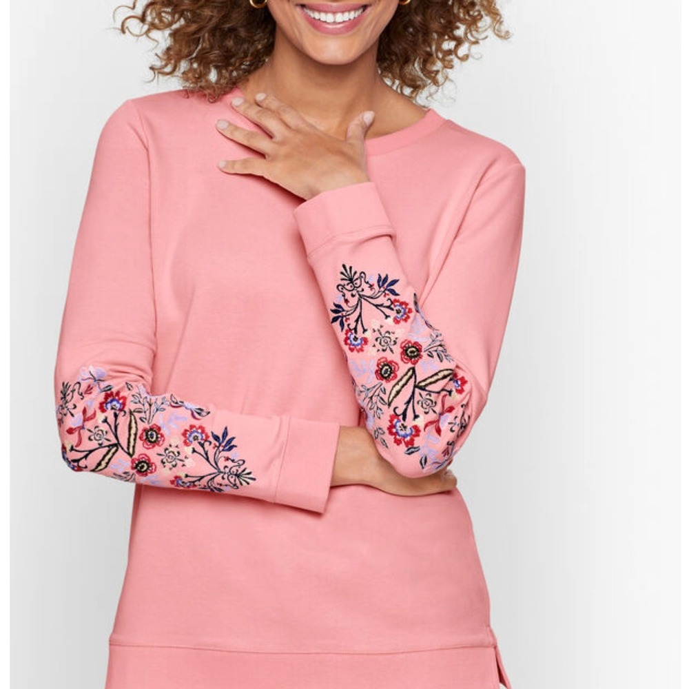 Talbots Embroidered Cotton Crewneck Pullover Sweatshirt in Pink Size Medium